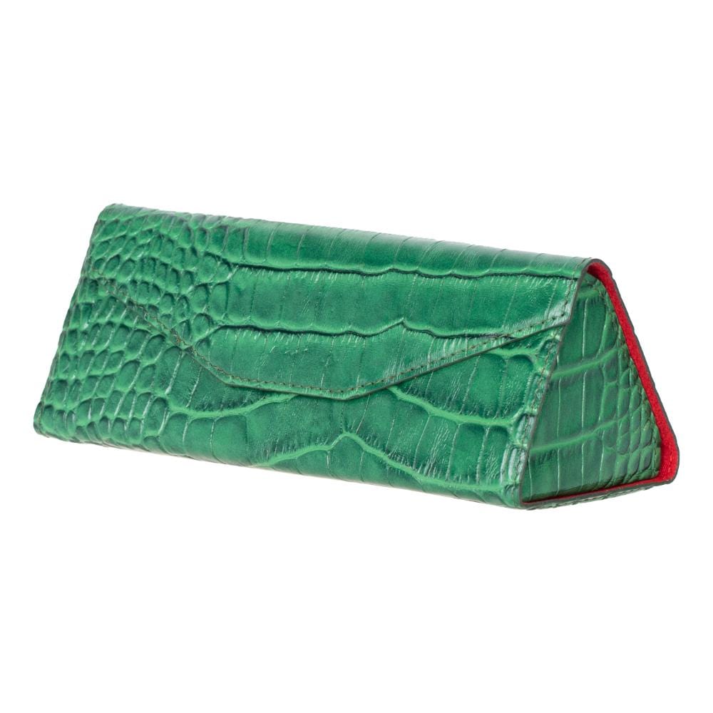 Triangular leather glasses case, green croc, front side