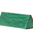 Triangular leather glasses case, green croc, front side