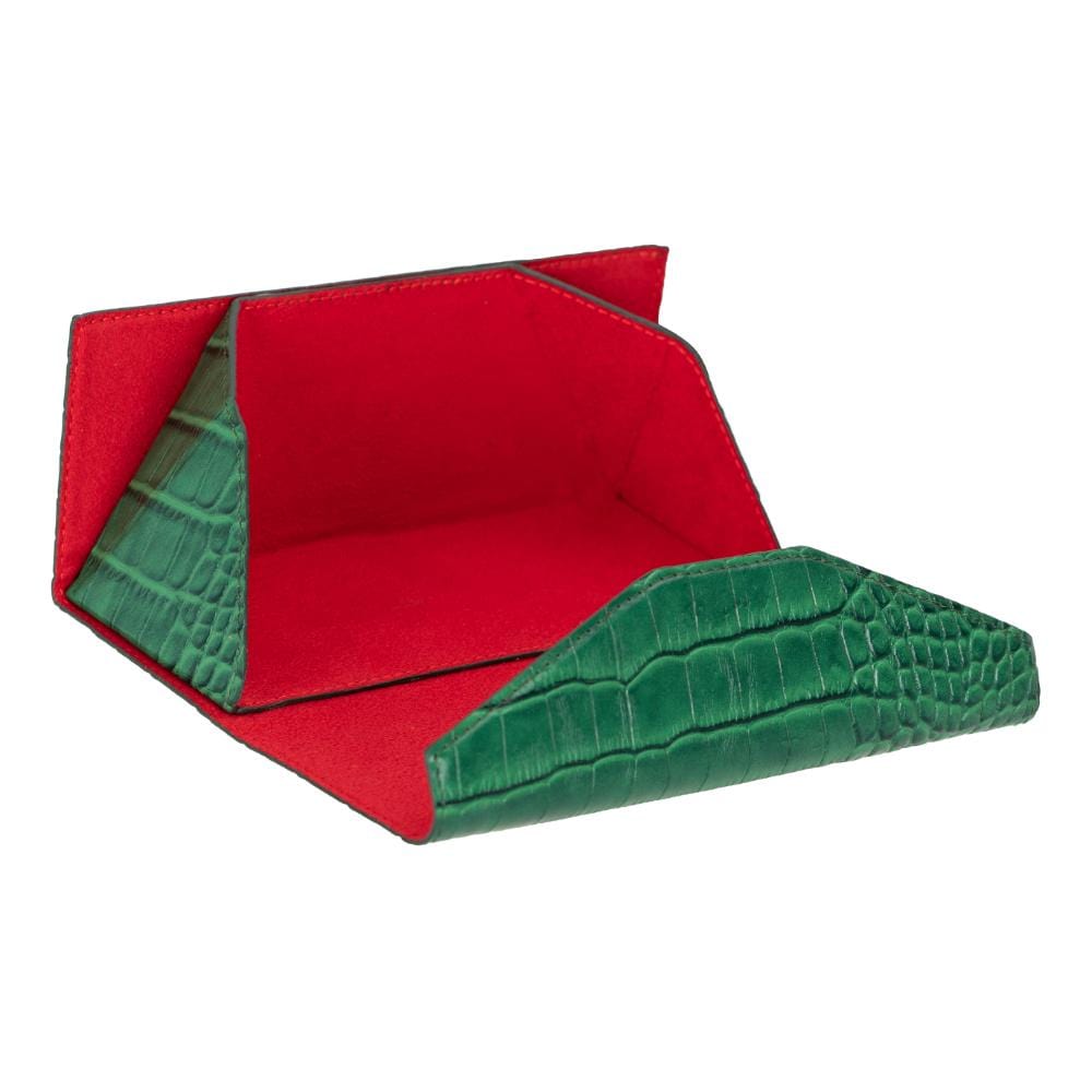 Triangular leather glasses case, green croc, open