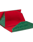 Triangular leather glasses case, green croc, open