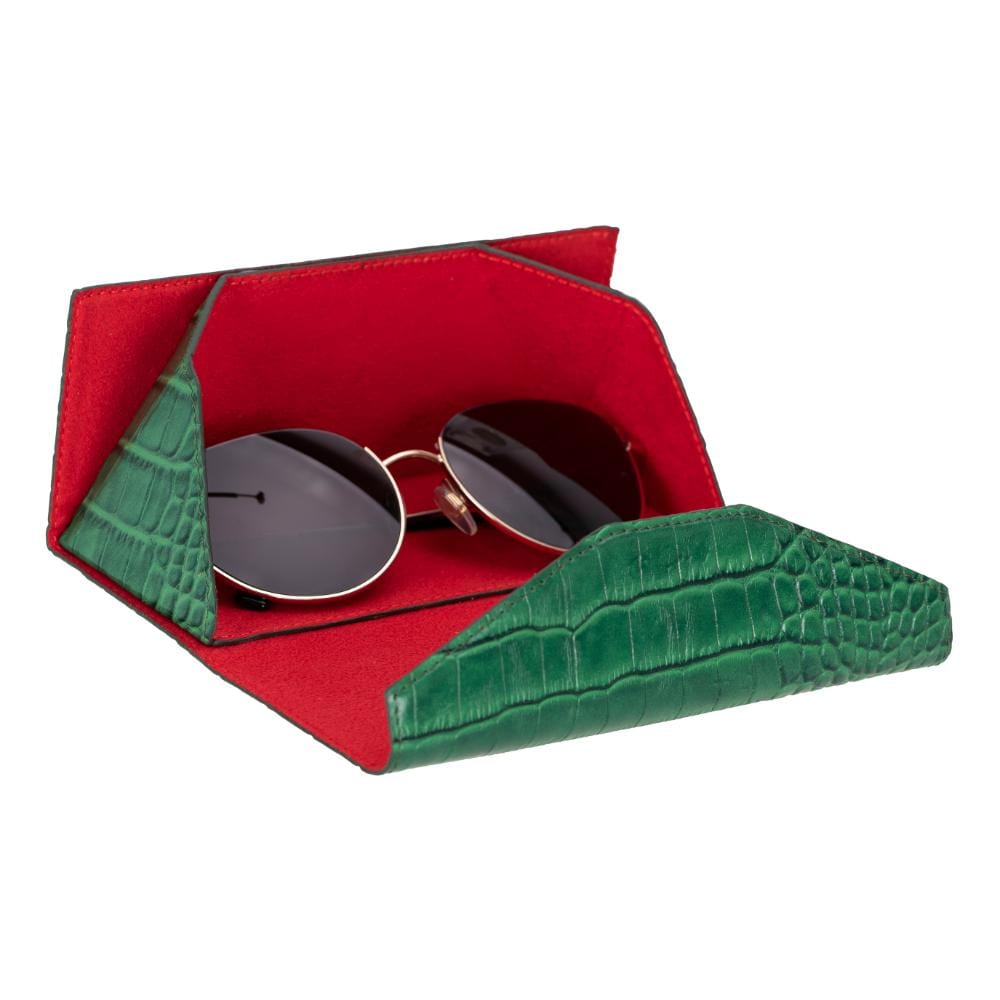 Triangular leather glasses case, green croc, inside