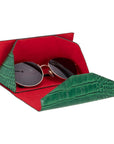 Triangular leather glasses case, green croc, inside