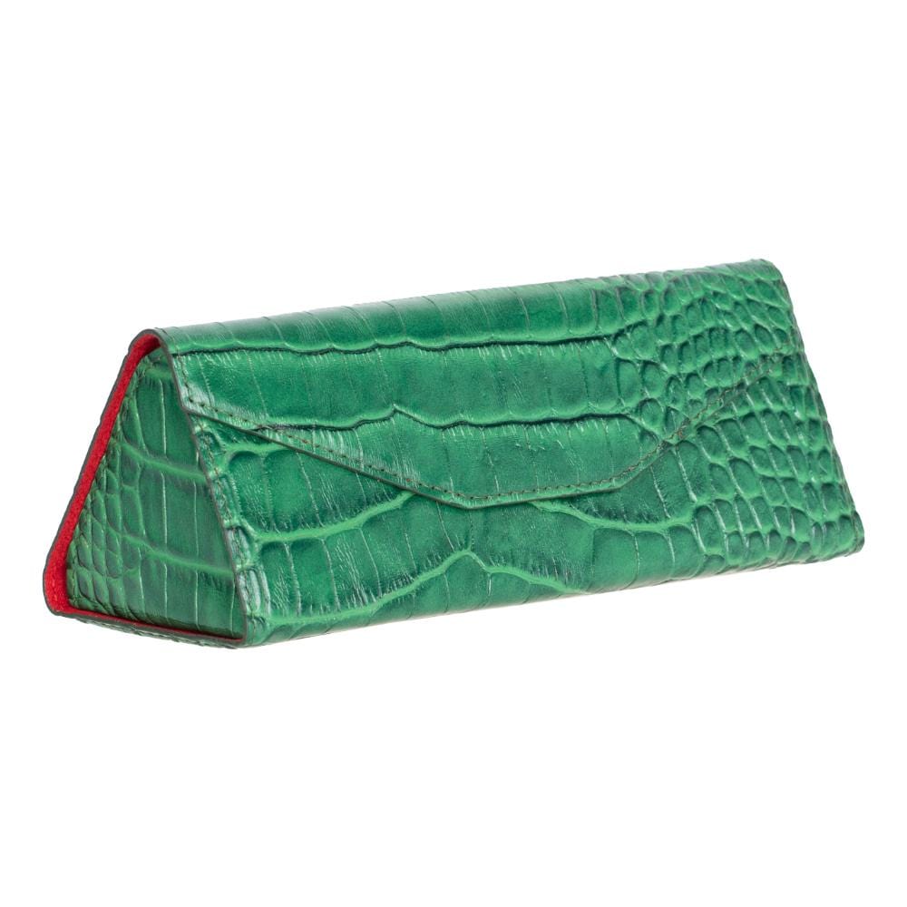 Triangular leather glasses case, green croc, side view