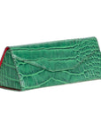 Triangular leather glasses case, green croc, side view