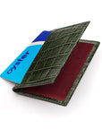 Leather travel card wallet, green croc, front