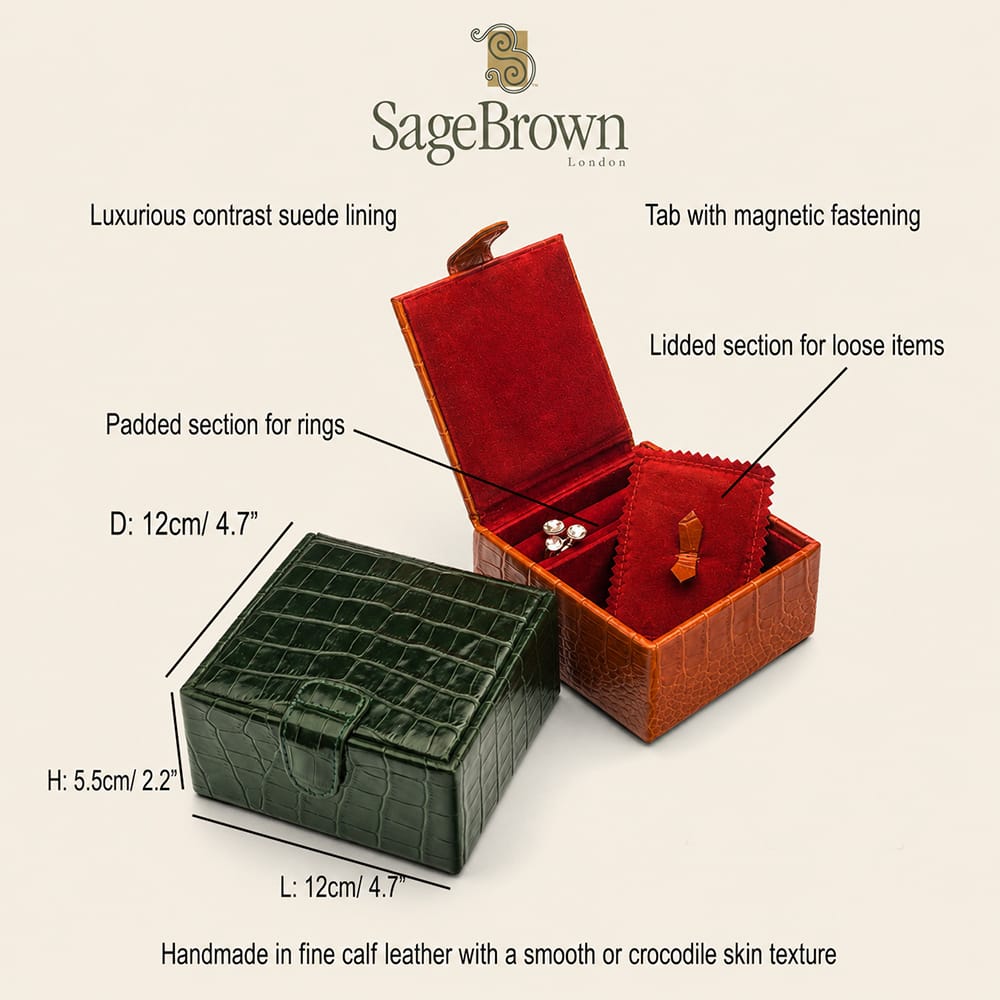 Compact leather jewellery box, features and dimensions