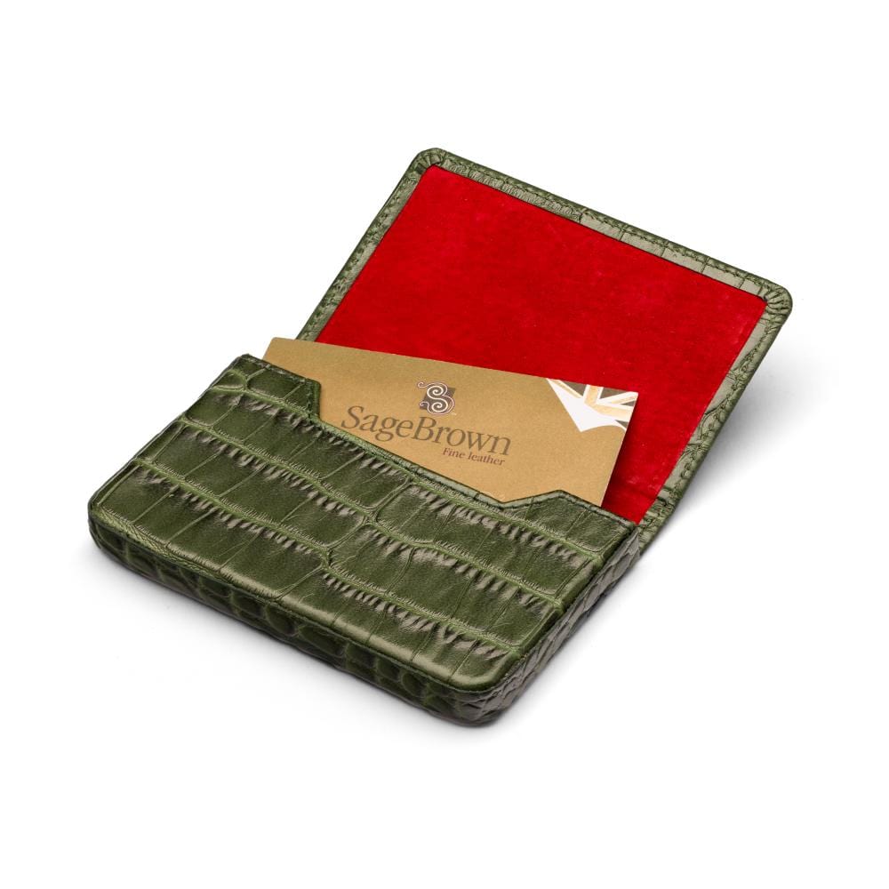 Leather business card holder with magnetic closure, green croc, inside