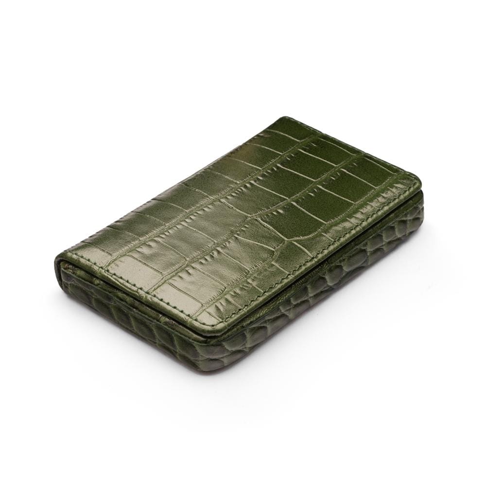 Leather business card holder with magnetic closure, green croc, front
