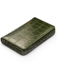 Leather business card holder with magnetic closure, green croc, front