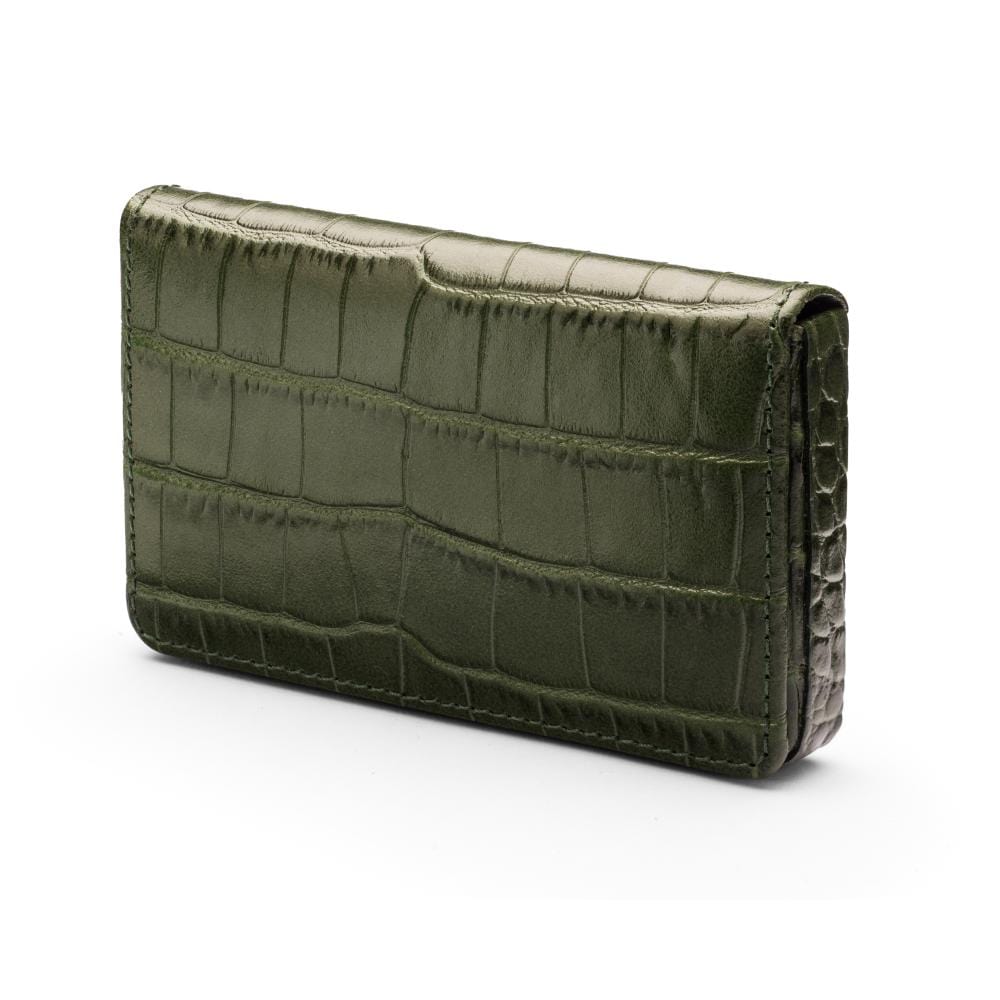 Leather business card holder with magnetic closure, green croc, side