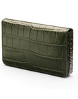 Leather business card holder with magnetic closure, green croc, side