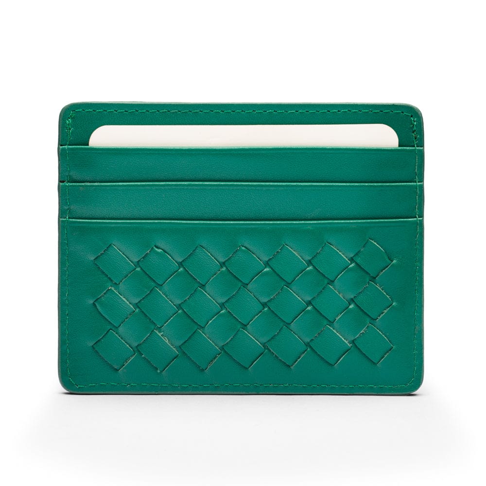 Flat woven leather card holder, green, front