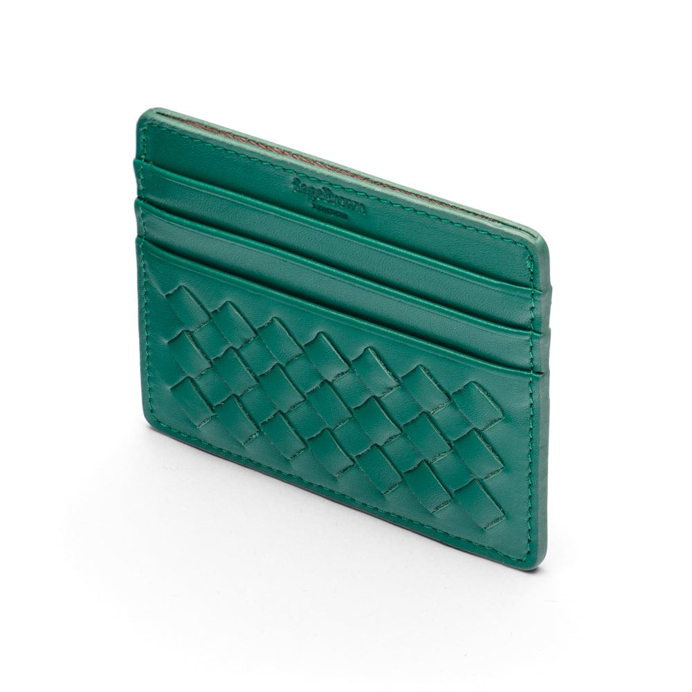 Flat woven leather card holder, green, back