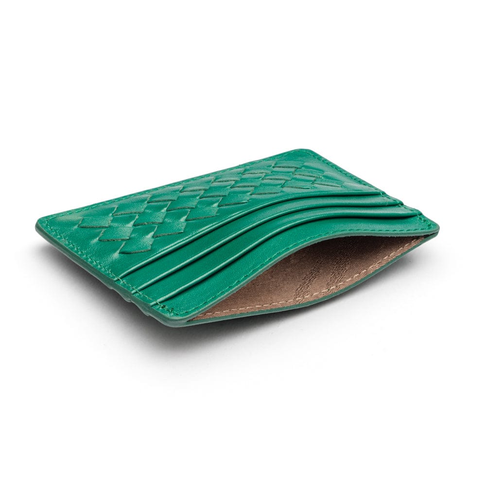 Flat woven leather card holder, green, inside