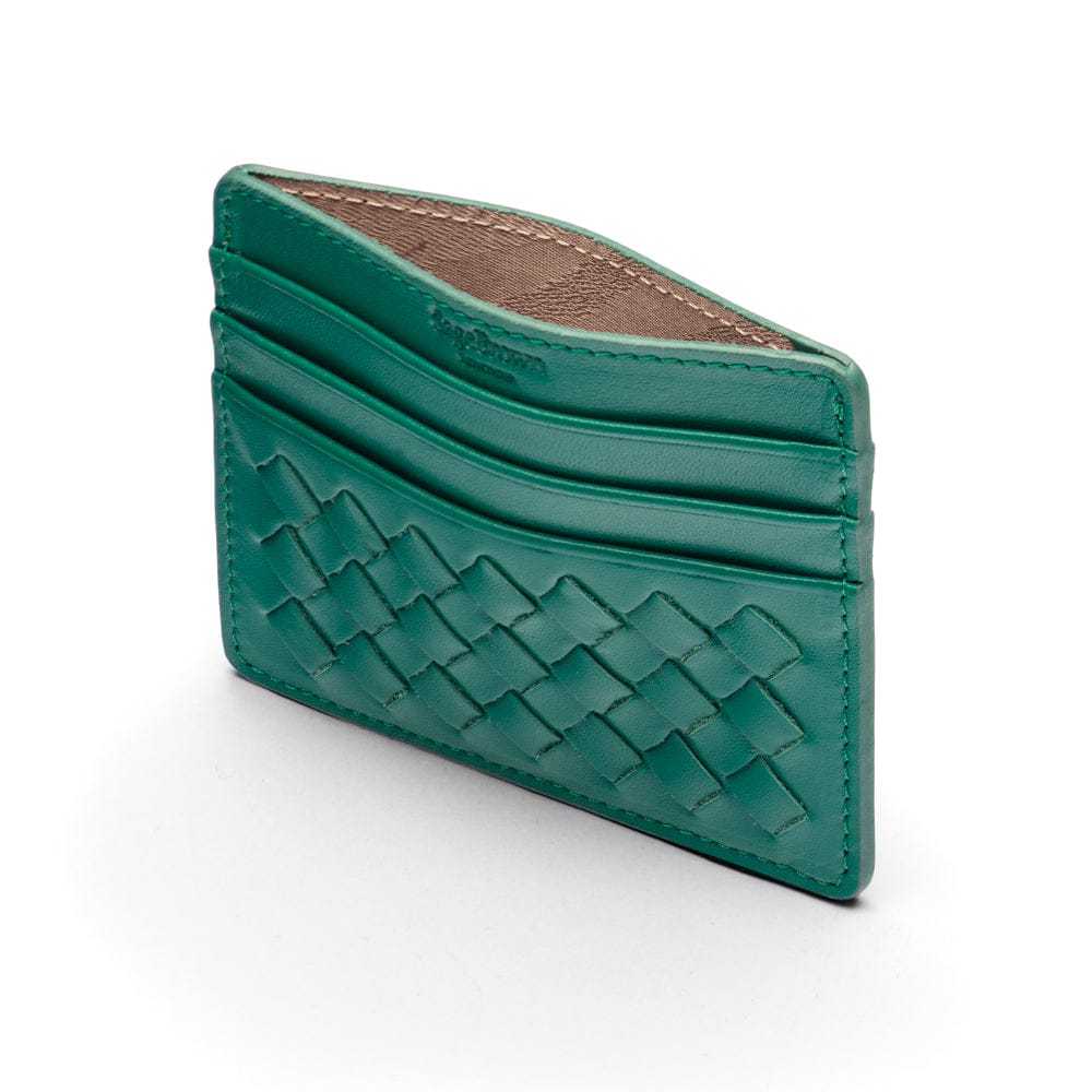 Flat woven leather card holder, green, open
