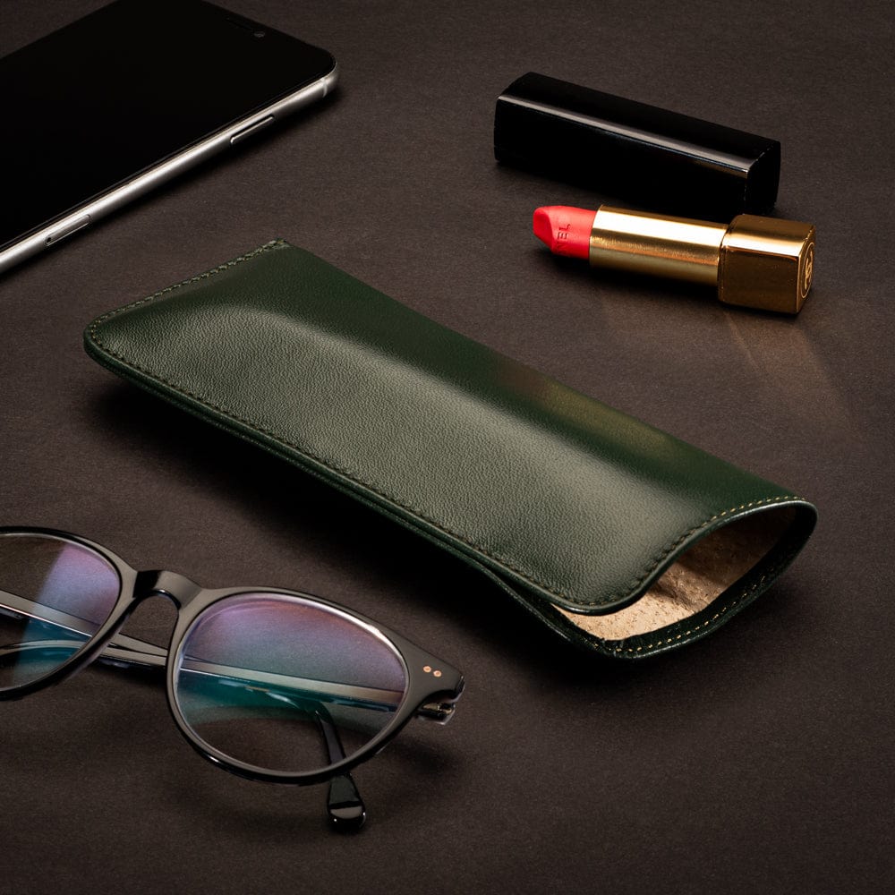 Large leather glasses case, soft green, lifestyle