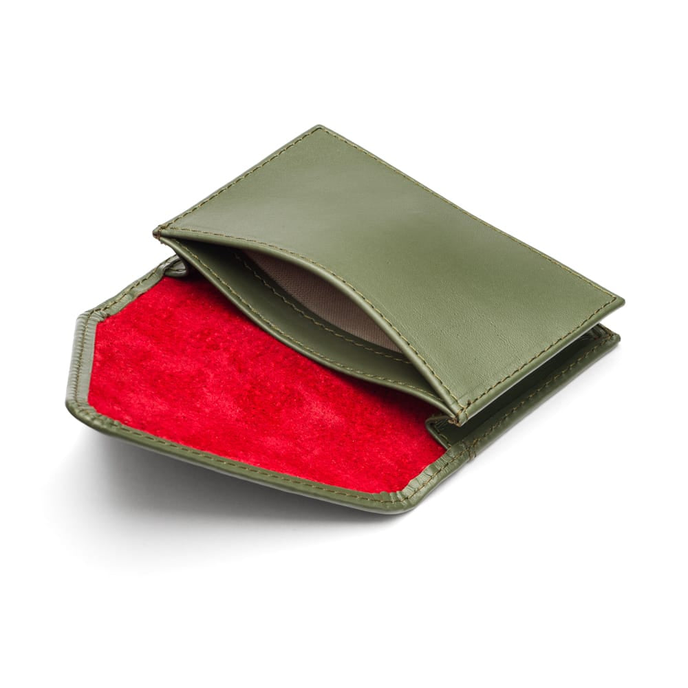 Leather business card envelope, green, open