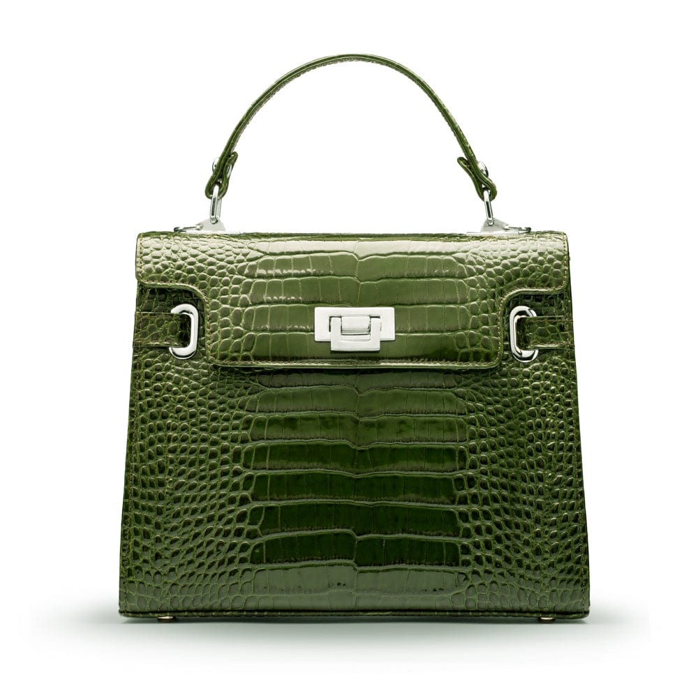 Leather Catherine top handle bag, green patent croc, front