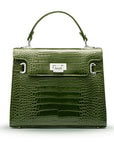 Leather Catherine top handle bag, green patent croc, front