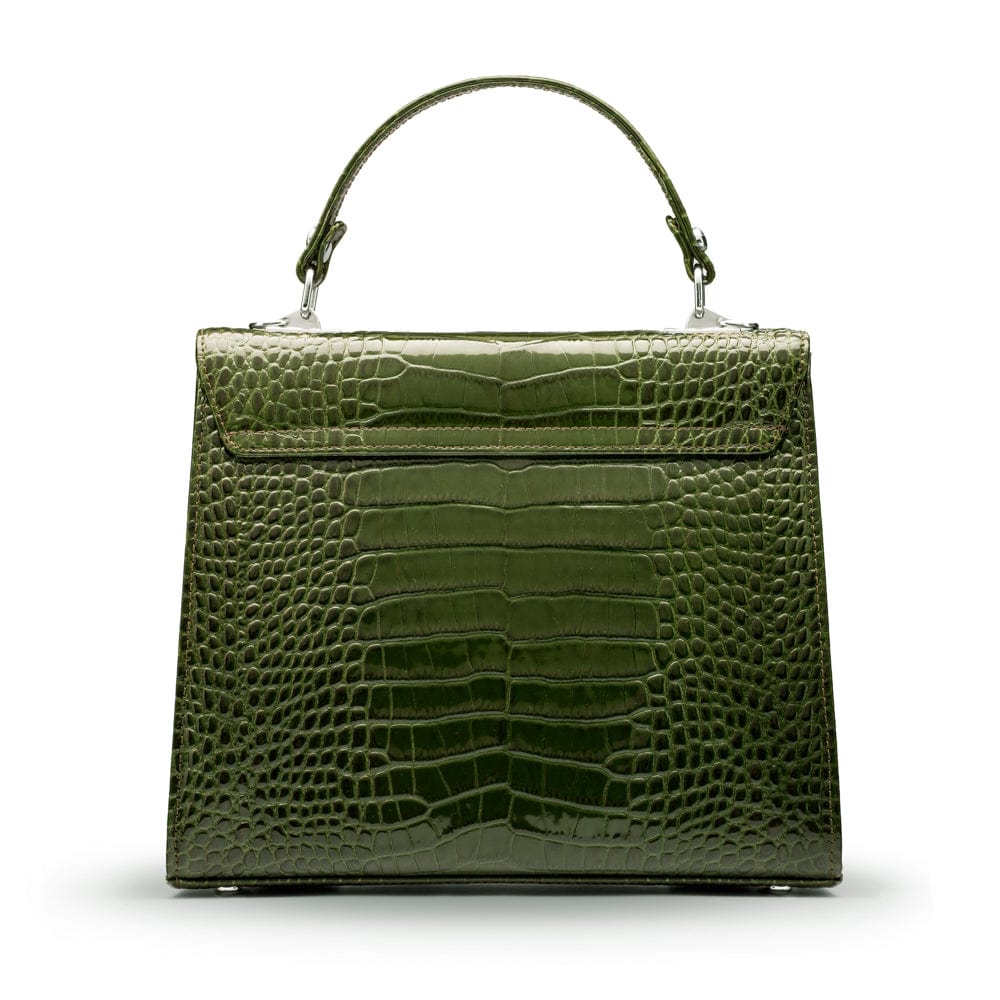 Leather Catherine top handle bag, green patent croc, back