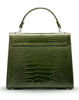 Leather Catherine top handle bag, green patent croc, back