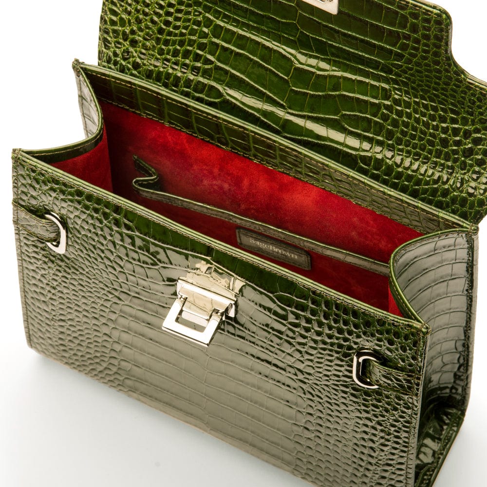 Leather Catherine top handle bag, green patent croc, inside