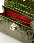 Leather Catherine top handle bag, green patent croc, inside