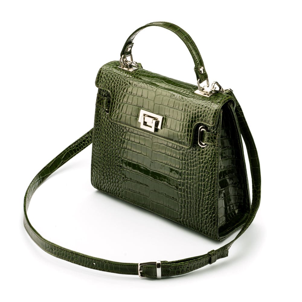 Leather Catherine top handle bag, green patent croc, side