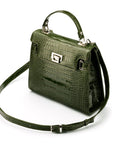 Leather Catherine top handle bag, green patent croc, side