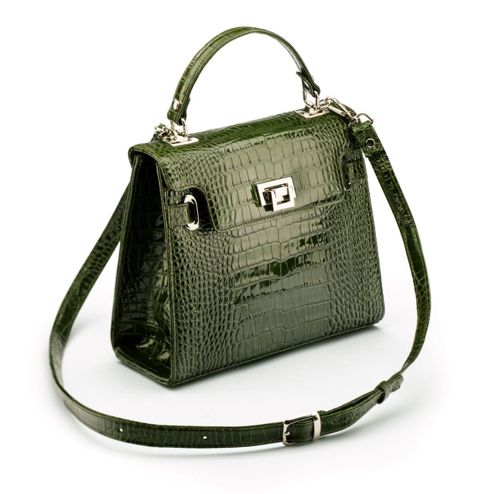 Leather Catherine top handle bag, green patent croc, with shoulder strap