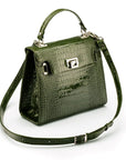 Leather Catherine top handle bag, green patent croc, with shoulder strap