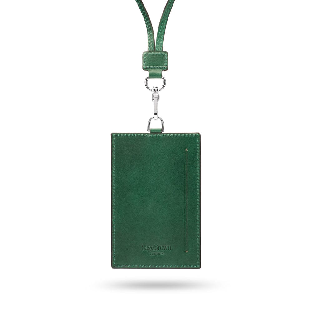 Leather lanyard ID card holder, green, back