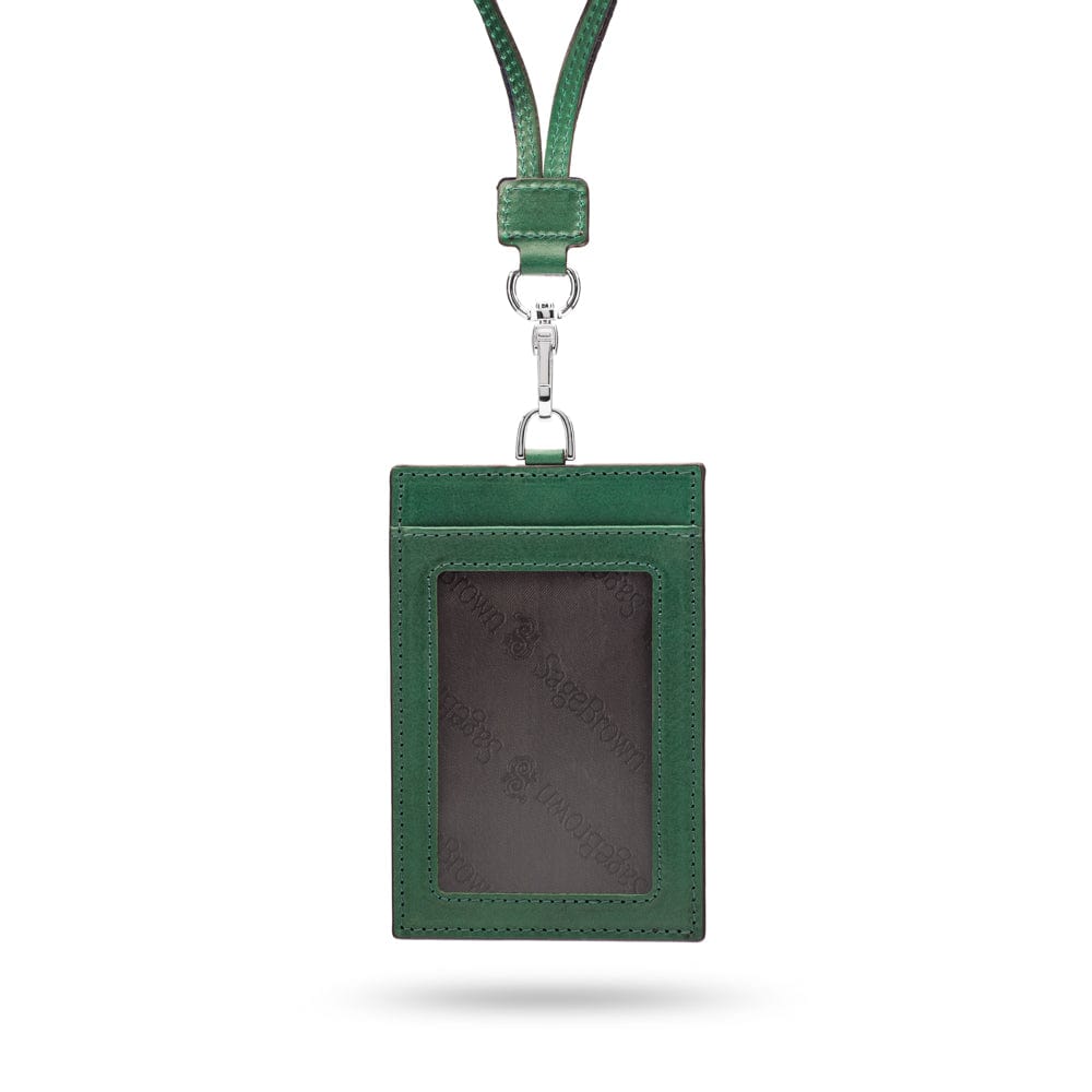 Leather lanyard ID card holder, green, front