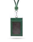 Leather lanyard ID card holder, green, front