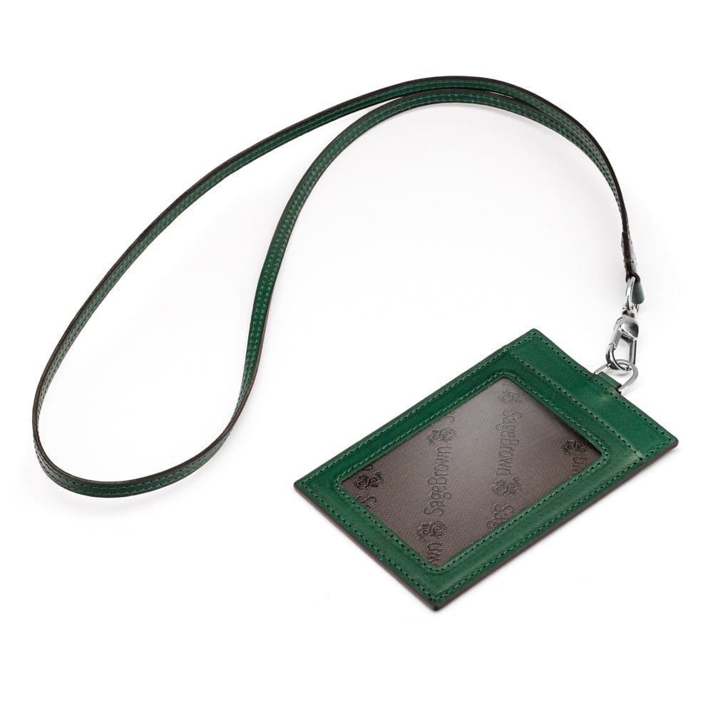 Leather lanyard ID card holder, green, with strap