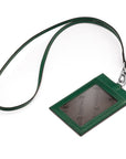 Leather lanyard ID card holder, green, with strap