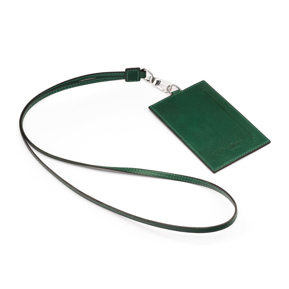 Leather lanyard ID card holder, green, back strap