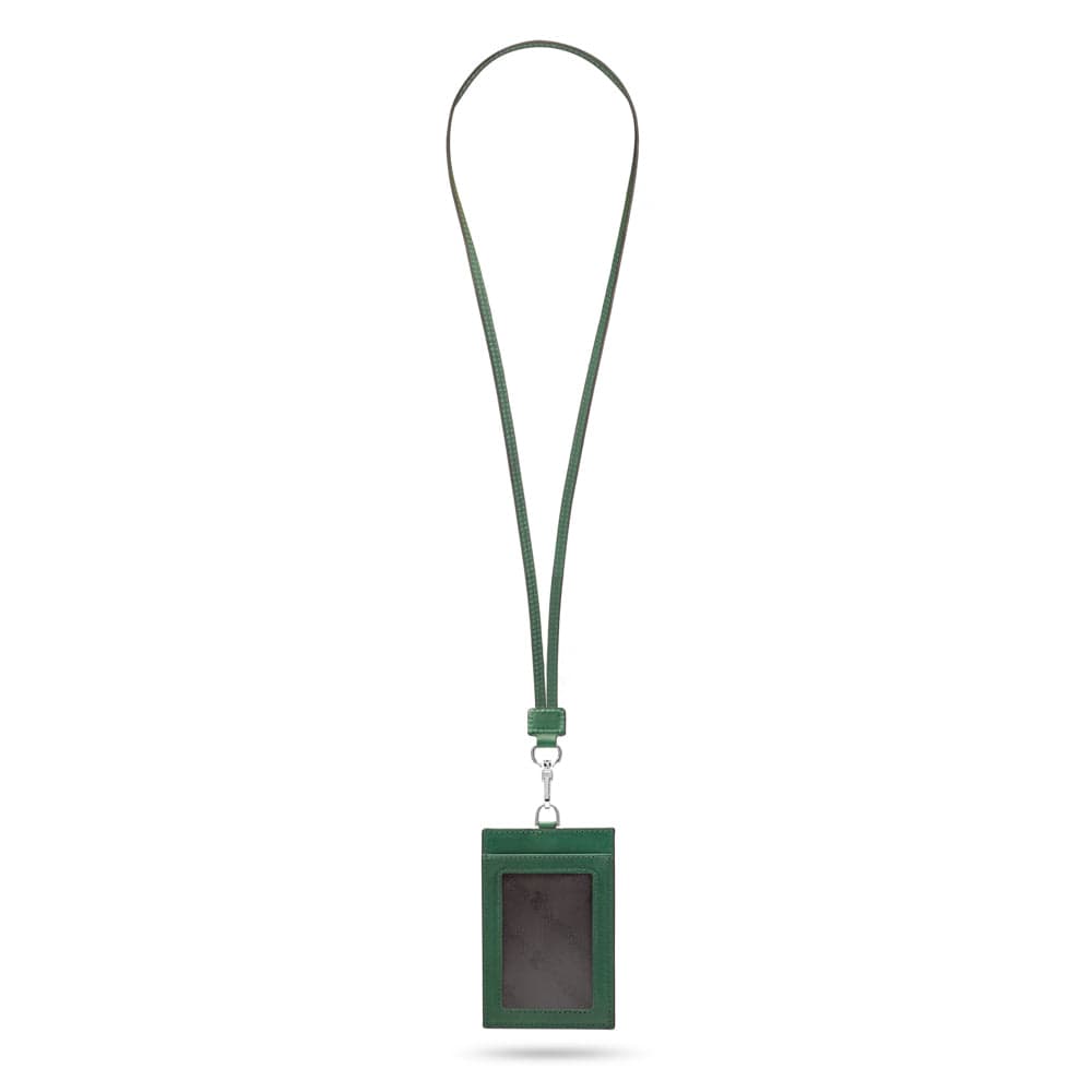 Leather lanyard ID card holder, green, full length