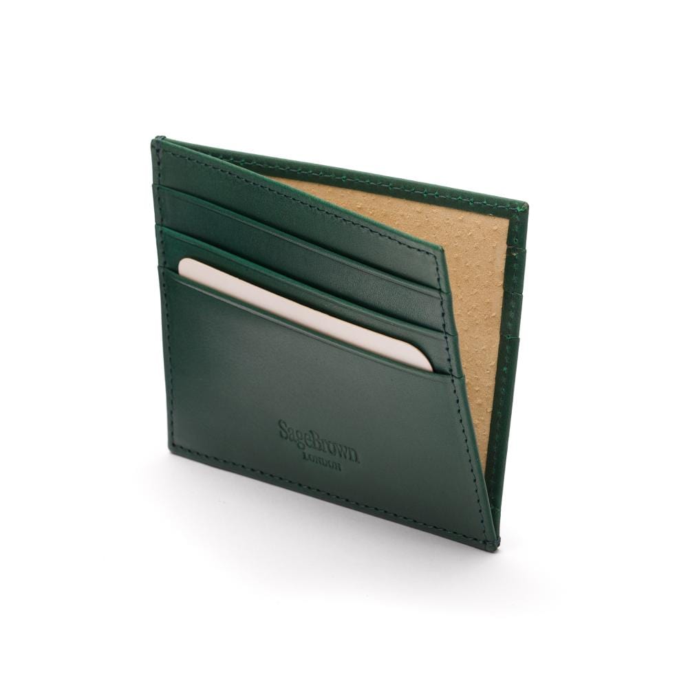 Leather side opening flat credit card case, green, inside