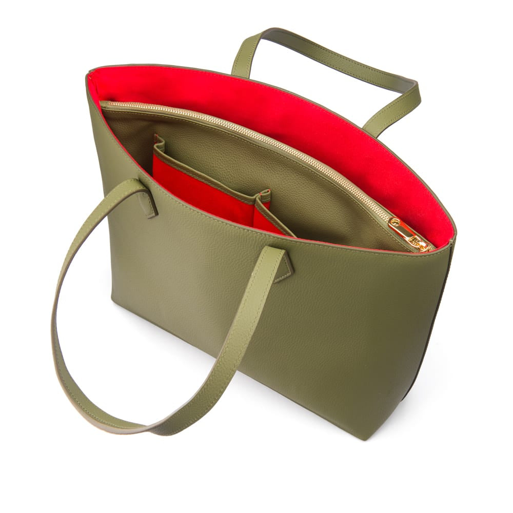 Luxury Leather Tote Bag and Shopper, Green, inside