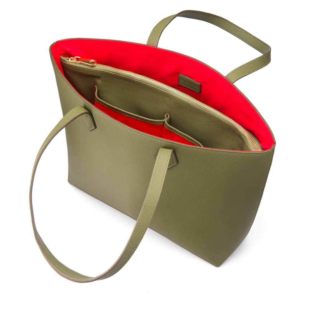 Luxury Leather Tote Bag and Shopper, Green, open