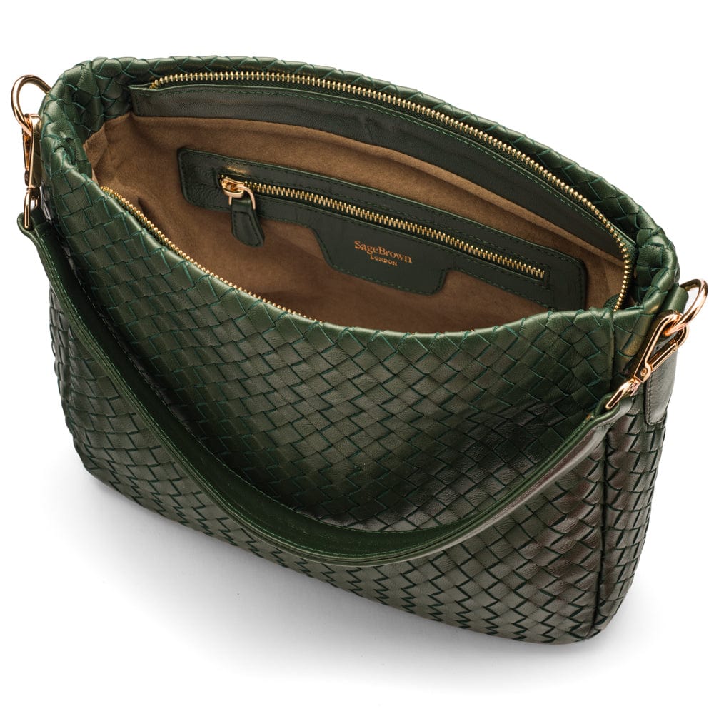 Melissa slouchy leather woven bag with zip closure, green, inside