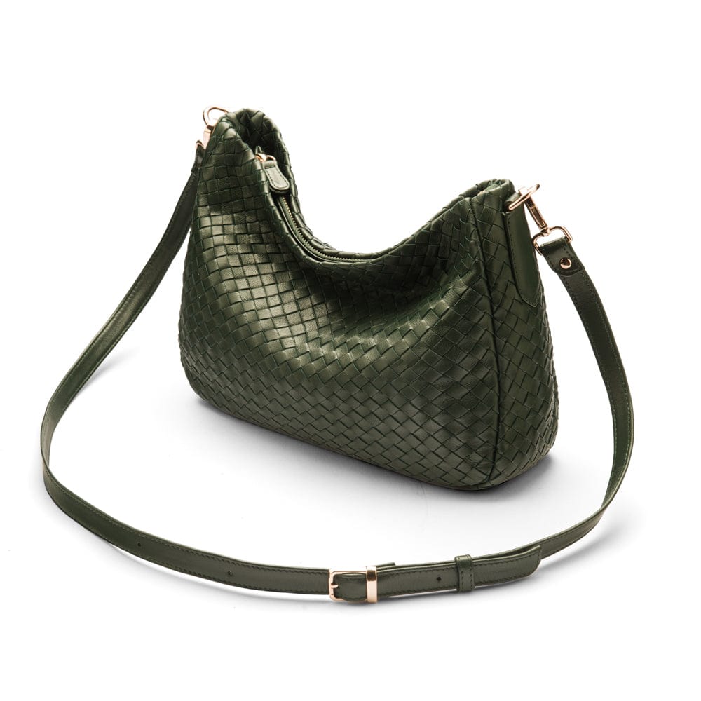 Melissa slouchy leather woven bag with zip closure, green, with long strap