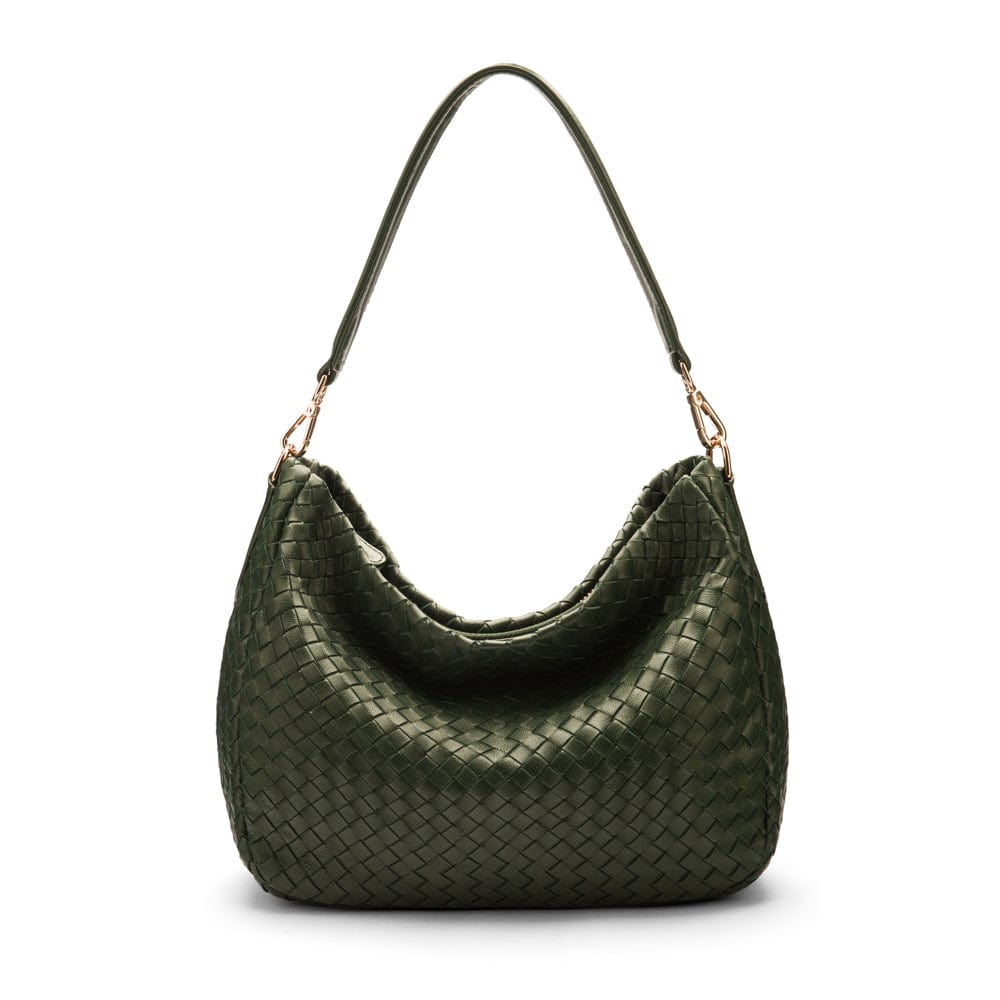 Melissa slouchy leather woven bag with zip closure, green, front