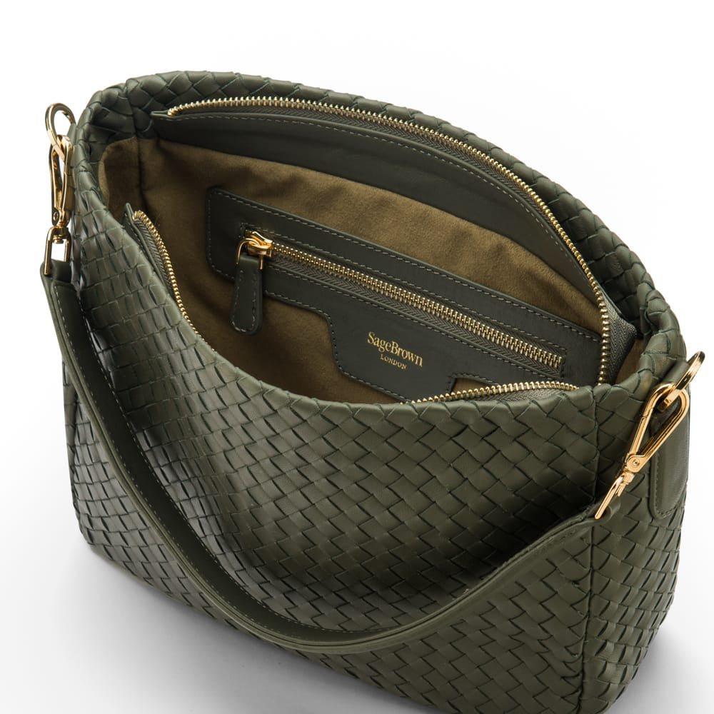 Melissa slouchy woven leather bag, green, inside