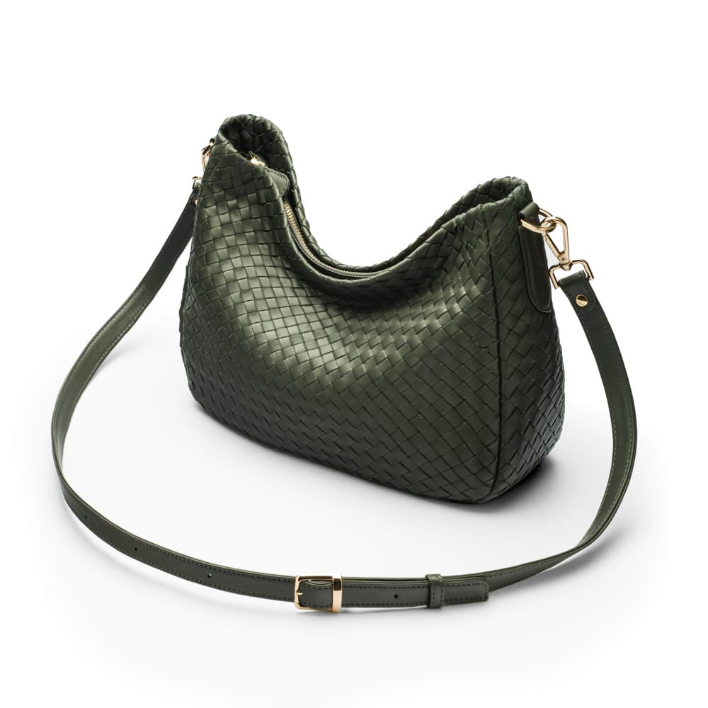 Melissa slouchy woven leather bag, green,, with detachable strap