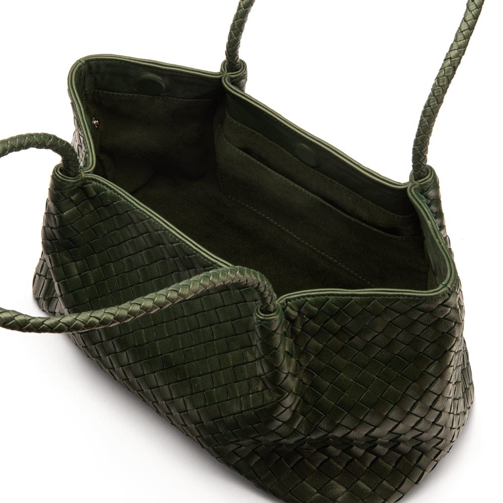 Midi woven leather bag, green, open view