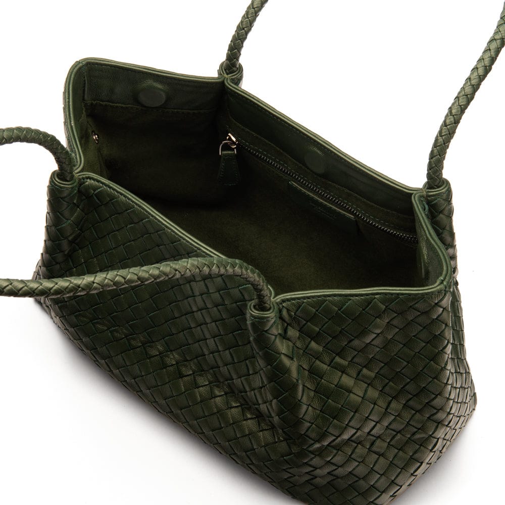 Midi woven leather bag, green, open