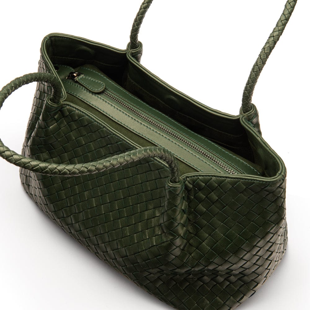 Midi woven leather bag, green, inside