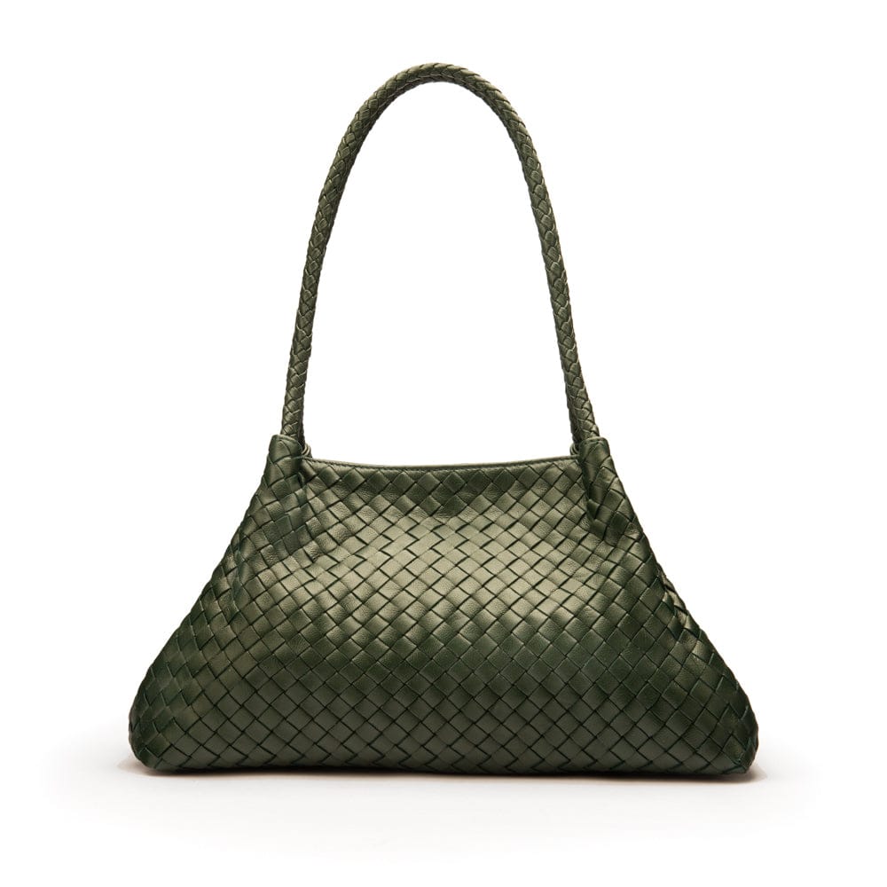 Midi woven leather bag, green, trapeze shape